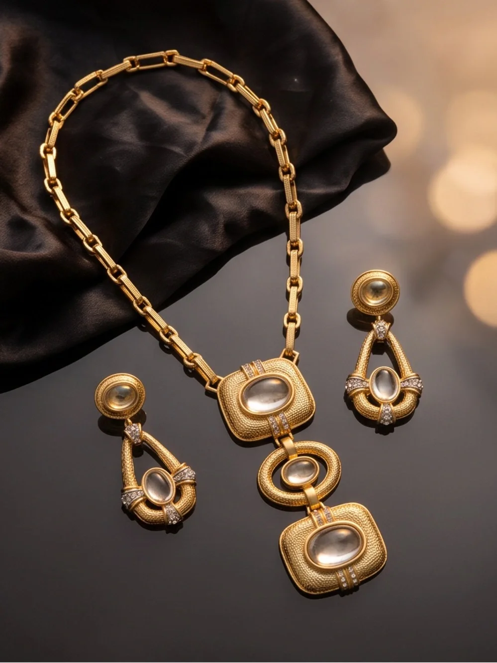 Gold-Tone Textured Necklace and Drop Earring Set with Cabochon Centers
